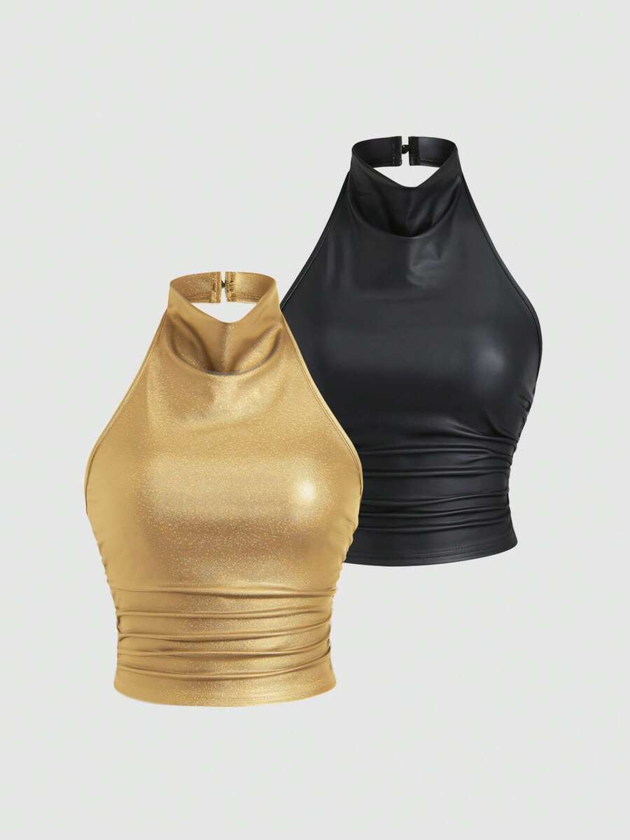 SHEIN Sweetro Bộ đồ 2 món thời trang nữ gợi cảm, kiểu cổ yếm, chất liệu da PU, thích hợp dự tiệc. - Nhiều màu - Xem 1