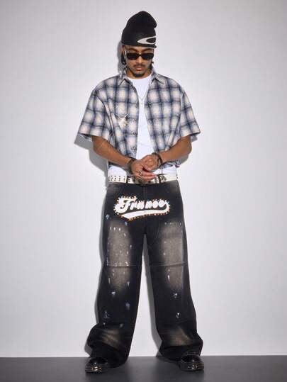 ROMWE MEN Men's Letter Embroidery Contrast Color Rhinestone Embellished Casual Wide Leg Jeans