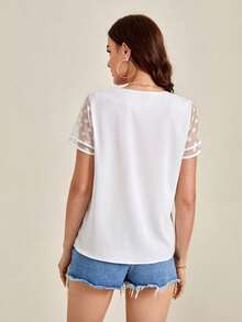 SHEIN Clasi Women's Casual Polka Dot Mesh Patchwork Blouse, Summer - White - View 2