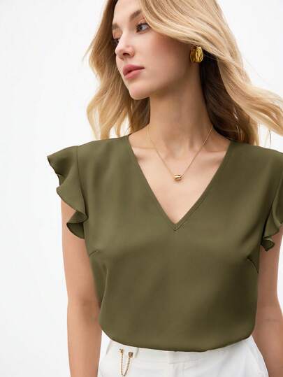 BizChic Blusa holgada de cuello en V y manga corta para mujer, estilo básico urbano y de commute, sencilla y elegante, atuendo de negocios casuales de moda, adecuado para maestras y oficina, otoño