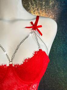 MidnightGlam Valentine's Day Metal Decor Chain Romantic Lace Underwire Bra, Lingerie For Women,Sexy,Valentine's Day,Wedding - Red - View 8