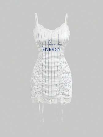 ROMWE Avant Robe mini à col V, à lacets et rayures, style sport pour femmes