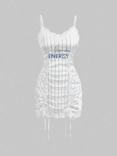 ROMWE Avant Damen sportliches gestreiftes Schnürkorsage V-Ausschnitt Mini-Kleid