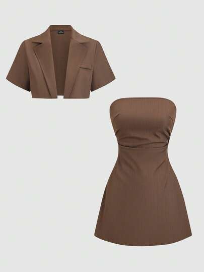 Sweetra Women's Solid Color Notched Collar Open Front Short Sleeve Top And Tube Dress Vintage Suit Set, Suitable For Commuting And Outings