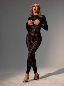 SpicyHot 女士性感内衣连体裤，黑色薄纱长袖高弹力网纱提花透视派对连衣裙 - 黑色 - 查看 4