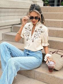 Pariaura Short Sleeve Shirt With Delicate French Embroidery, Ruffle Collar, And Elastic Ruffle Cuffs - Multicolor - View 6