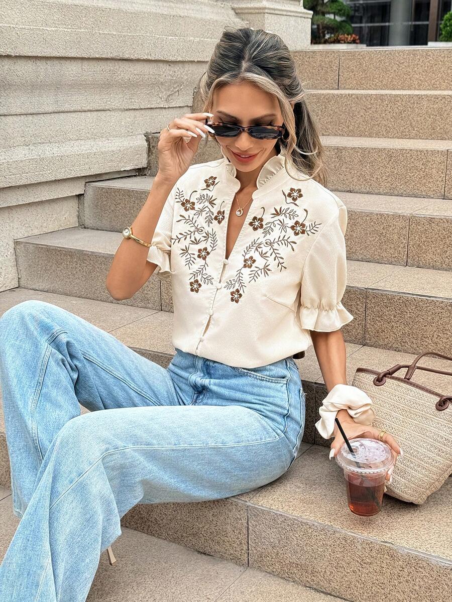 Pariaura Short Sleeve Shirt With Delicate French Embroidery, Ruffle Collar, And Elastic Ruffle Cuffs - Multicolor - View 1