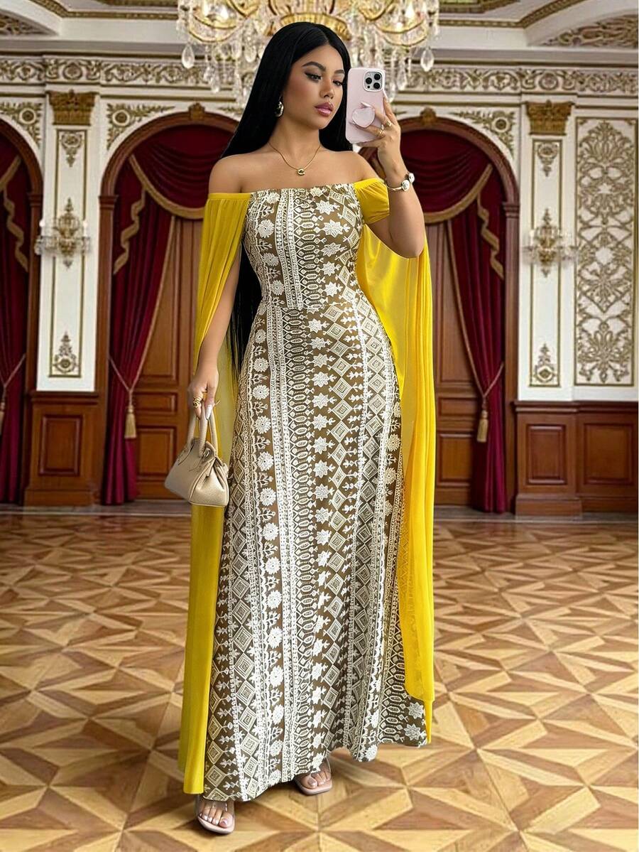 Rafferiza Women's Casual Print Contrast Mesh Long Sleeve Green Vacation Dress - Yellow - View 1