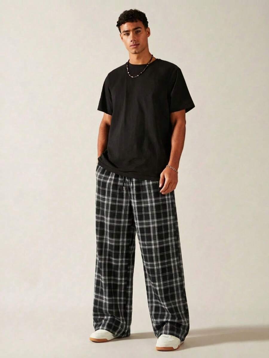 SWAVVY Men's Casual Loose Plaid & Striped Pants Men Summer Pants Set Men Wide Leg Pants