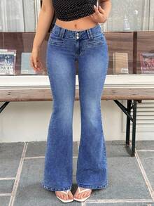 Flirla Quần jeans ống loe cạp thấp, giặt mài, phong cách thường ngày - Màu xanh lam - Xem 4