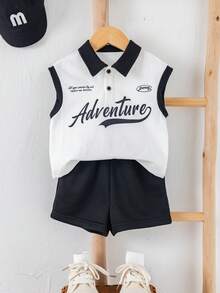 SHEIN Bộ 2 món áo polo tay ngắn và quần short phối màu cho bé trai, quần áo mùa xuân/hè, trang phục đường phố. - Đen và trắng - Xem 4