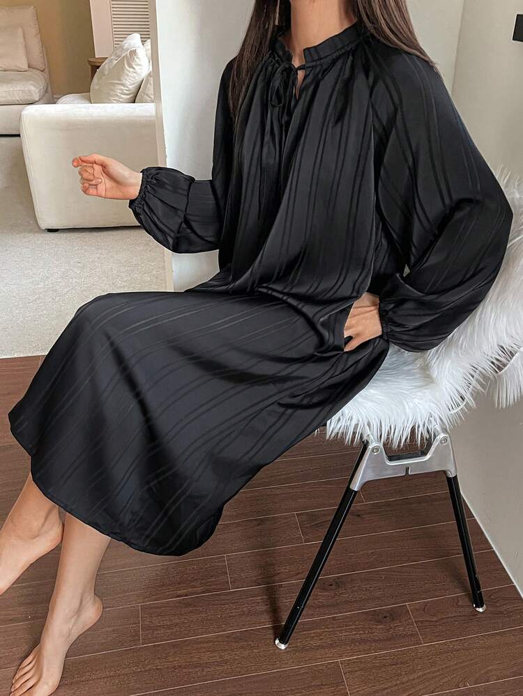 Women's Loose Long Sleeve V-Neck Tie Waist Nightgown Sleepwear Dress