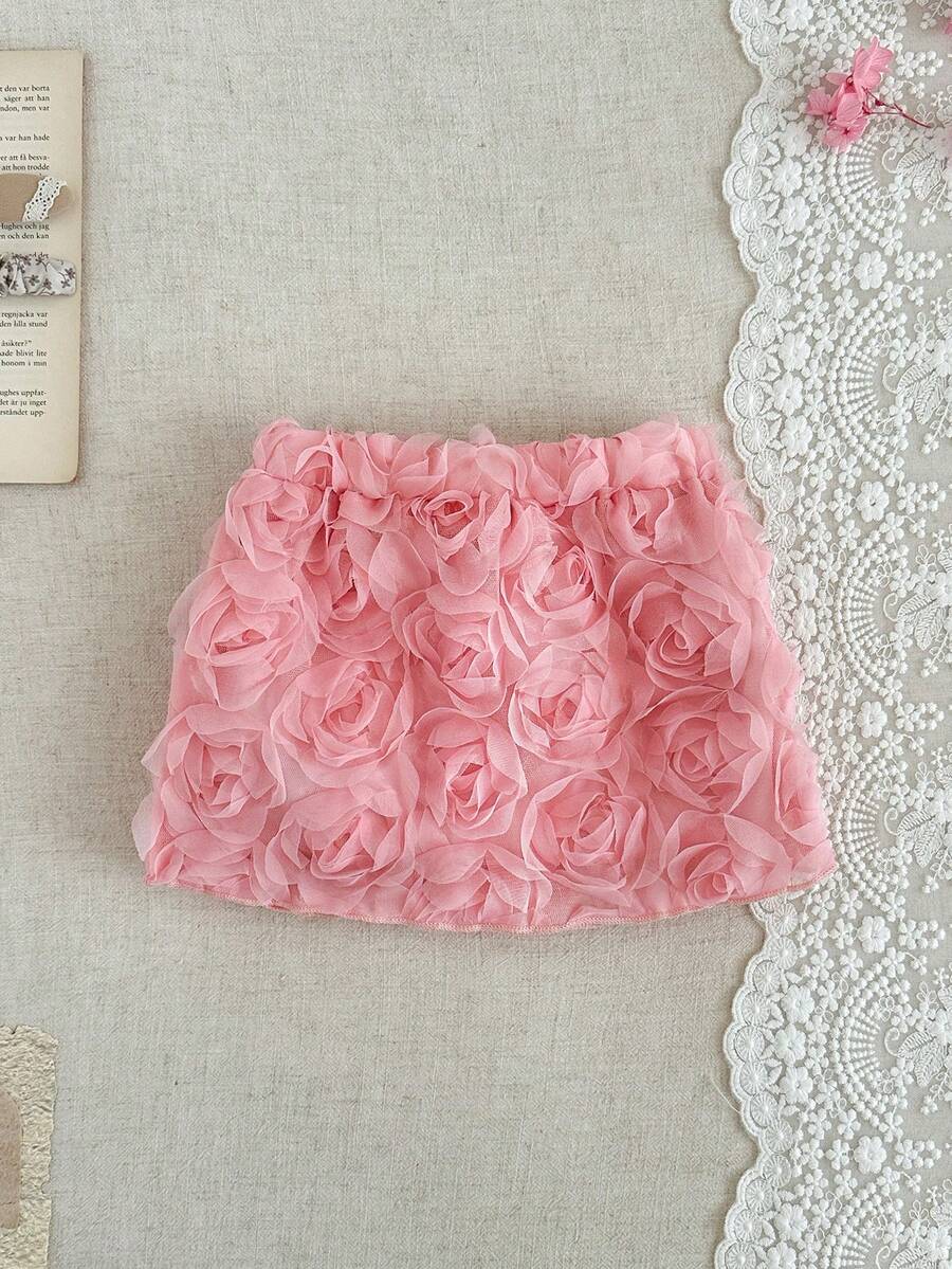 SHEIN Infant Girls' Pink Mesh 3D Floral Elegant Princess Mini Skirt, Summer - Pink - View 1