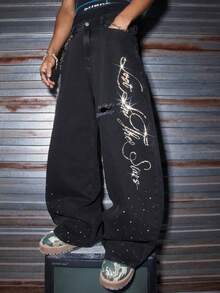 AXEPEAK Men's Washed Rhinestone Embellished Fashion Pants - Black - View 6