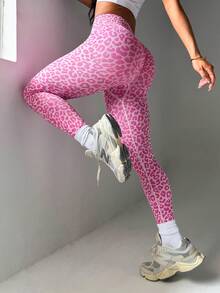 Dewbera 1pc Women's Seamless Sexy Leopard Print Tight High Elastic V-Waist Leggings For Running, Fitness, Cycling, Base Layer - Hot Pink - View 2