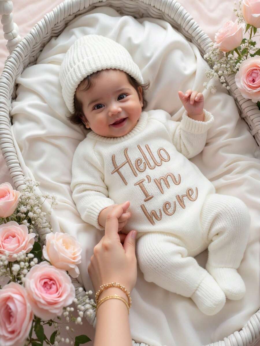SHEIN 2 件套“你好，我在这里”刺绣新生儿男孩女孩摄影服装针织婴儿连体衣连脚连体衣带帽子婴儿 1 个月 100 天拍照道具 - 彩色 - 查看 1