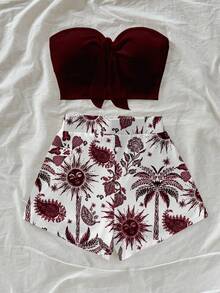 Soleia Multicolor Women's Shirred Bandeau Neck Knitted Two Piece Outfit Sleeveless Crop Top And Plant Pattern Short Skirt Casual Set Summer Two Piece Sets High Waisted Two Piece Set - Multicolor - View 4