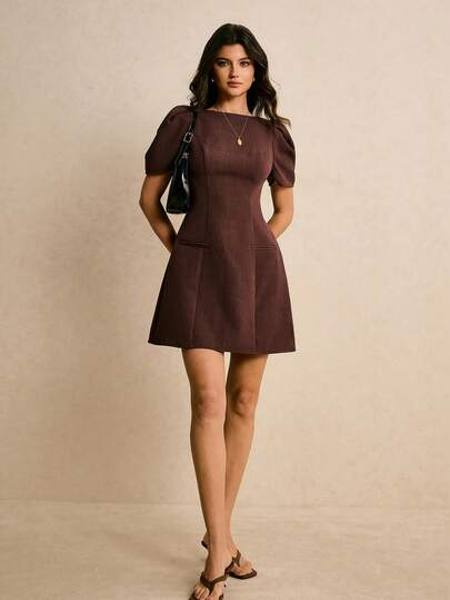 Poéselle 女士优雅通勤纯色泡泡袖连衣裙，夏季