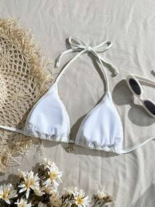 Swim Mod 1件可爱女童针织提花挂脖系带金属装饰泳衣比基尼上衣，夏季假日白色钩针比基尼上衣三角比基尼上衣钩针泳衣上衣白色比基尼上衣贝壳吊坠比基尼夏季海滩度假 - 米色 - 查看 2