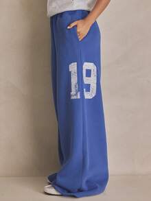 MUSERA Wide Leg Graphic Joggers Tracksuit Bottoms Summer, Sporty, Casual, Day, Streetstyle, Streetwear - Blue - View 3