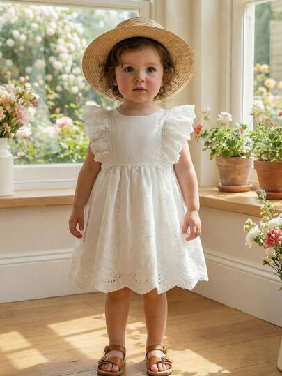 Souflis Souflis New French Style Baby Girls' Spring/Summer White Lace Trim Sleeveless Dress, Minimalist Design, Suitable For Festivals, Elegant Outings, And Cozy Home Moments Baby Girl Summer Dress Apricot Baby Girl Dress Baby Girl White Dress