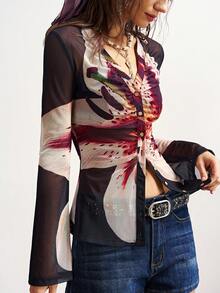 Bohemela 女士波西米亚风印花V领荷叶袖单排扣修身半透明衬衫，适合春、夏、秋季穿着 - 彩色 - 查看 6