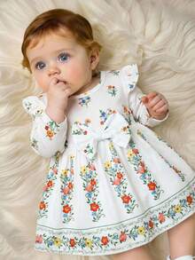 SHEIN 新生女宝宝可爱休闲针织复古碎花长袖连衣裙 - 彩色 - 查看 4