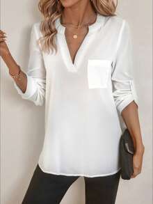 EMERY ROSE Women's V-Neck Plain Textured Fabric Casual Summer Shirt White V Neck Blouse Women  Blouses For Women Linen Blouses For Women Women White Blouse  Tops For Women FALL Women Clothes Business Casual Woman  Button Up Shirt Women Button Up Shirt - White - View 3