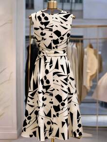 GlowEve CURVE 大码女式深V领几何图案休闲优雅波西米亚风无袖连衣裙，适合通勤、日常穿着、度假、春夏穿着。 - 杏色 - 查看 2