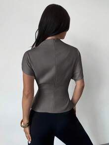 Firerie Crinkle Collar Asymmetrical Sleeve Side Ruched Waist Slim Fit Apricot Bamboo Linen Fabric Blouse For Women, All Season - Grey - View 3