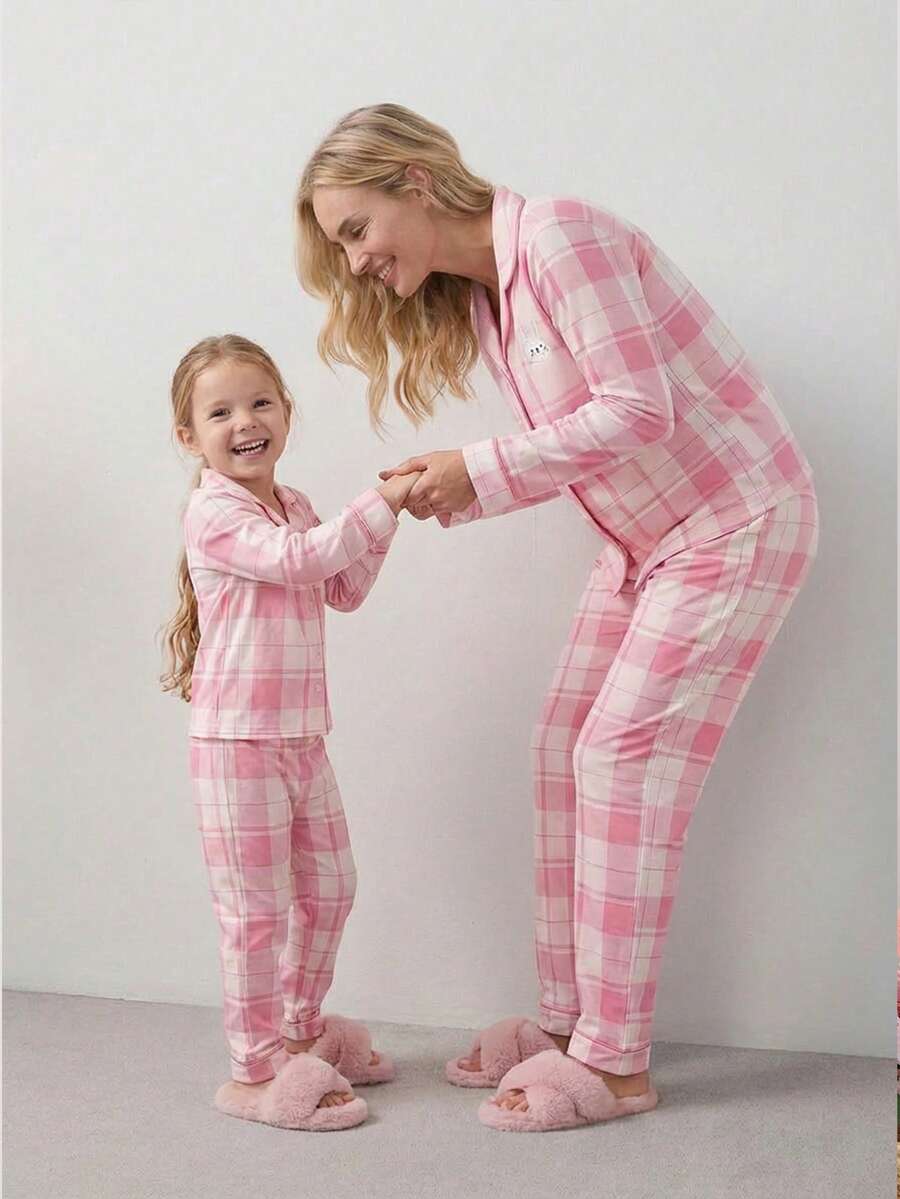 2pcs/Set Young Girl' Sweet Pink Plaid Print Bunny Embroidery Casual Comfortable Revere Collar Cardigan & Pants Homewear Set - Pink - View 1