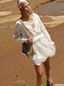 MOTF STUDIO WOMEN'S CHIFFON CONTRAST LACE EMBROIDERED MINI DRESS