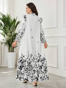 Al Najma 优雅荷叶边褶皱印花灯笼袖宽松连衣裙，配头巾，度假风 - 黑色 - 查看 5