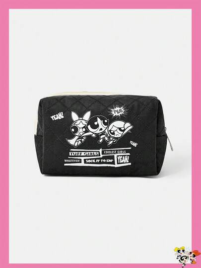 THE POWERPUFF GIRLS X SHEIN 卡通印花绗缝化妆包，便携式化妆品收纳拉链袋，多功能储物袋，轻便旅行包，男女皆宜