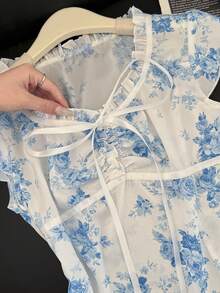 SHEIN 女士简约印花荷叶边衬衫 - 藍白色 - 查看 5
