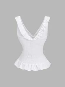 Sweetra Women's White Casual Ruffle Trim Pleated Fitted Camisole Tank Top, Spring/Summer - White - View 2