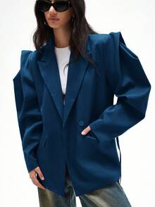 Aveloria GENKIRA Blazer Kasual Longgar untuk Komuter, Serbaguna, Siluet Bahu Lebar, Pinggang Terikat, Warna Polos - Biru - View 4
