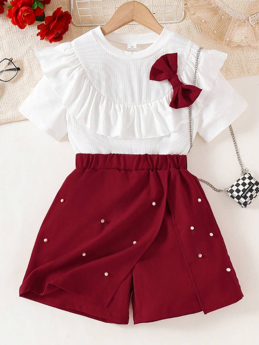 Conjunto de top de punto acanalado con volantes y falda-pantalón corta con abertura y lazo con perlas para niñas - Burdeos - Ver 1