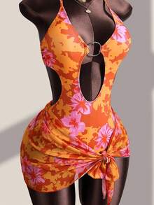 Swim Vcay Traje de baño de una pieza con estampado floral de camuflaje, con escote halter y espalda descubierta, con decoración de anillo hueco, adecuado para vacaciones en la playa - Multicolor - Ver 9