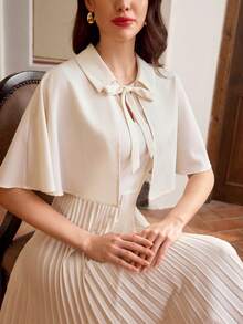 Vintamour 复古经典优雅女士连衣裙，春夏修身披肩式连衣裙，带蝴蝶结，褶裥设计，杏色喇叭裙 - 杏色 - 查看 7