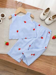 Cozy Pixies 2件套女婴草莓印花圆领无袖上衣和松紧腰裤套装 - 藍色 - 查看 2