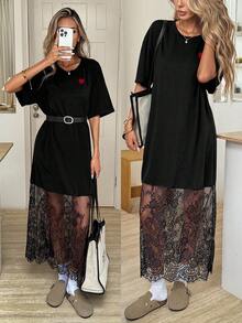 Easowa Áo thun nữ cổ tròn tay ngắn màu trơn dáng rộng phối ren, trang phục thời trang đi chơi và đi làm, 95% cotton, thoải mái, thích hợp cho ngày Valentine, phong cách thường ngày. - màu đen - Xem 5