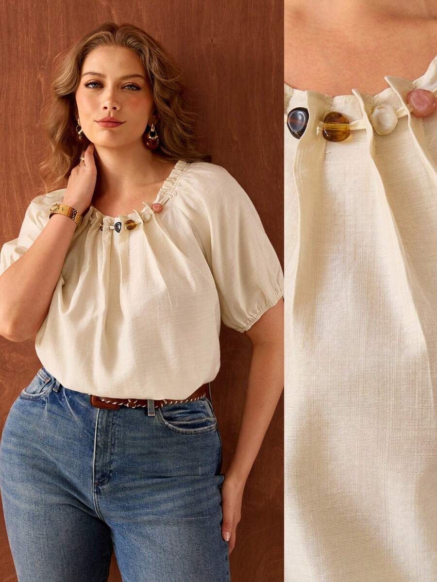 Roveilla Plus Size Women's Beige Summer Elegant Tea Party Blouse,Linen Round Neck Beaded Pleated Raglan Sleeve Loose Fit Elastic Cuff Tops,Vintage French Style - Apricot - View 1