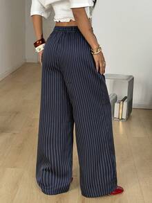 Coolane Quần nữ dáng casual màu xanh hải quân, in họa tiết sọc dệt, cạp chun, có dây rút - Màu xanh hải quân - Xem 5