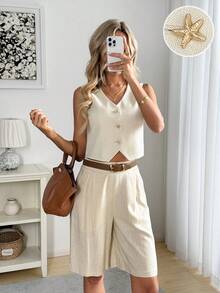 Easowa Áo sơ mi cổ chữ V, vạt áo lượn sóng, điểm nhấn là cúc trang trí kim loại, vạt áo bất đối xứng, kiểu dáng thanh lịch, thoải mái, thích hợp cho nữ công sở mùa thu/đông. - Màu be - Xem 4