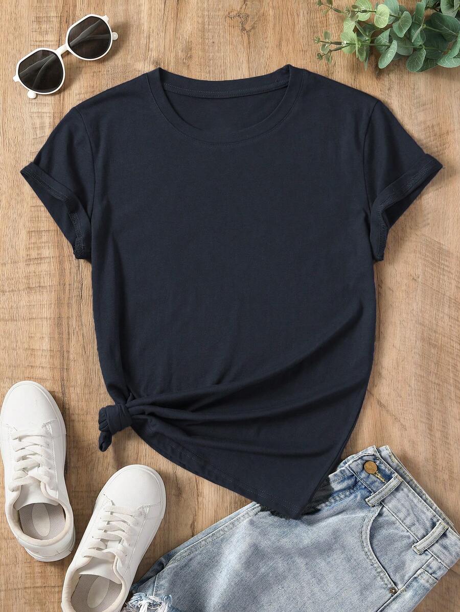 INAWLY 大码纯色圆领短袖休闲T恤，夏季舒适 - 藏蓝色 - 查看 1