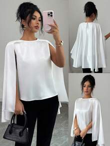Rafferiza Women's Elegant Outgoing Date Round Neck Dolman Sleeve Blouse, Spring/Summer - White - View 1