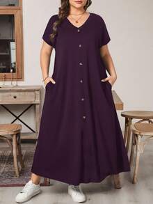 Shapeblank Damen Große Größen Frühling und Sommer Mode Lässig Locker Bequem Täglich Kurzarm Schwarz V-Ausschnitt Taschen Langes Kleid, Sommer Outfits für Damen, Kirchenkleidung für Damen, Old Money Stil für Damen, Lehrerin Outfits für Damen, Flughafen Outfit für Damen - Braun - Übersicht 7
