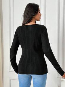 SHEIN Ribbed Knit Button-Front Spring Cardigan With Slim Fit Silhouette, Long Sleeves And Chic Minimalist European Style - Black - View 2