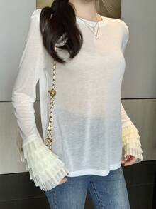 FRIFUL Women's Loose Fit Round Neck T-Shirt With Mesh Patchwork Sleeves, Lightweight And Sheer - White - View 4